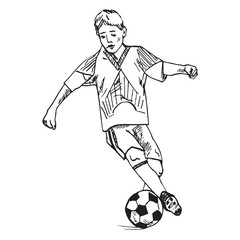 Fototapeta na wymiar Boy playing football (soccer), hand drawn doodle, sketch in simple line pop art style, vector