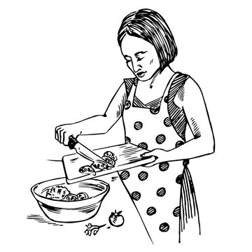 Young housewife dressed in a polka dot apron cuts vegetables for salad, hand drawn doodle, sketch in pop art style, black and white vector illustration