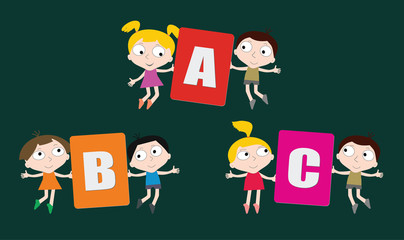 Cartoon children with colored letters in hands.