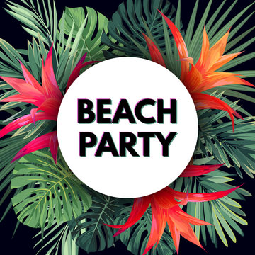 Dark vector floral banner template for summer beach party. Tropical flyer with green exotic plants and red flowers.