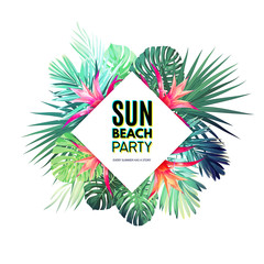 Bright vector floral design template for summer party. Tropical flyer with green exotic palm leaves and red flowers. © Ms.Moloko