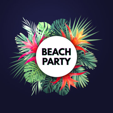 Dark vector tropical background with green palm leaves and guzmania flowers. Exotic summer party flyer design.