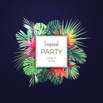 Dark vector tropical background with green palm leaves and guzmania flowers. Exotic summer party flyer design.