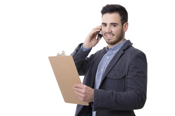 businessman with documents and phone isolated