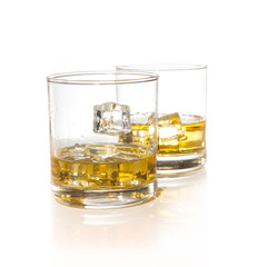whiskey glasses with ice cubes isolated on white set collage