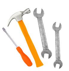 Hammer, screwdriver and wrenches isolated on white