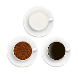 granules of instant coffee, sugar and coffee in white cup isolated on white