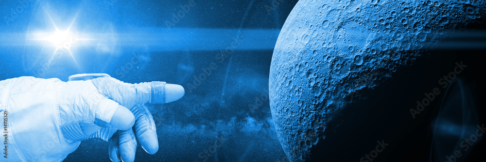 Wall mural astronaut pointing to the moon (blue 3d illustration, background banner, elements of this image are 