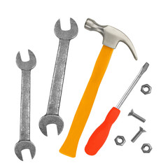 Hammer, screwdriver and wrenches isolated on white