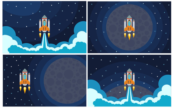 Set of four vector illustration with flying rocket. Space travel.
