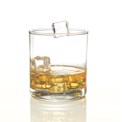 whiskey glasses with ice cubes isolated on white set collage