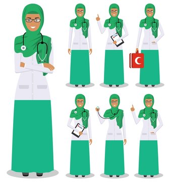 Medical concept. Detailed illustration of young muslim arabian doctors in flat style isolated on white background. Practitioner arabic doctor man standing in different positions. Vector illustration.
