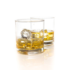 whiskey glasses with ice cubes isolated on white set collage