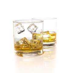 whiskey glasses with ice cubes isolated on white set collage