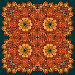 Beautiful russian pattern with fiery flowers. Carpet, tablecloth, blanket, pillowcase, headscarf, print for fabric, kerchief square design.