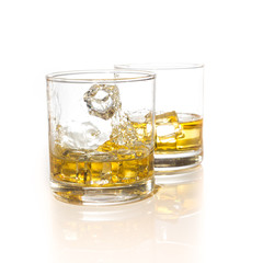 whiskey glasses with ice cubes isolated on white set collage