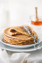 Pancakes or crepe in a frying pan. Fresh, delicious dessert