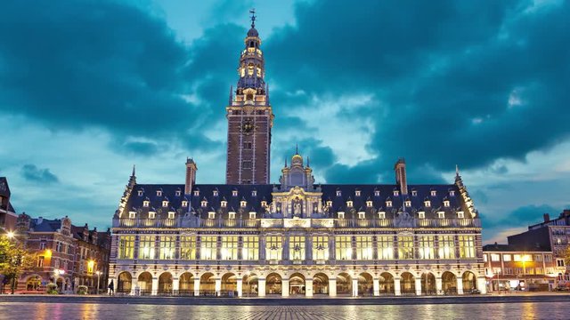 The university library on the Ladeuze square in the evening, Leuven, Belgium (static image with animated sky)
