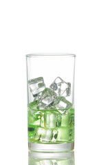 Water with ice cubes on white background
