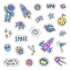 Set of space pins, patches. Vector hand drawn illustration