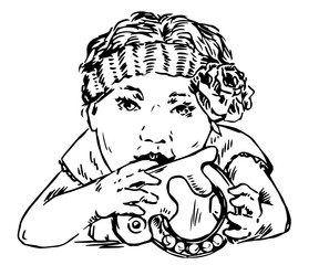 Baby girl with flower in hair is chewing rattle toy, growing teeth, sketch in pop art style, vector illustration