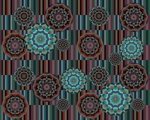 Seamless pattern with flowers - mandalas on striped background. Print for fabric.