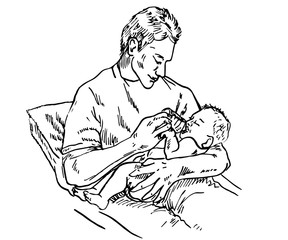 Father feeding newborn baby with bottle, hand drawn doodle, sketch in pop art style, vector illustration