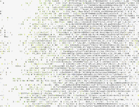 Corrupted source code. Modern vector illustration about computer security. Abstract ascii glitch background. Fatal programming error. Buffer overflow problem. Random signal error. Element of design.