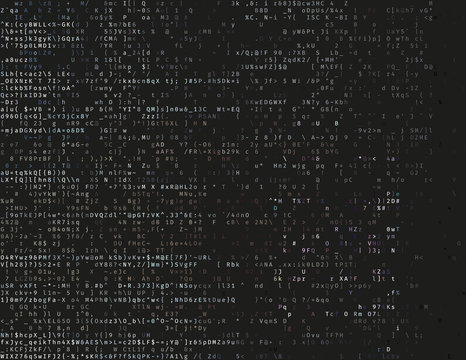 Corrupted source code. Modern vector illustration about computer security. Abstract ascii glitch background. Fatal programming error. Buffer overflow problem. Random signal error. Element of design.