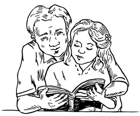 Father learning daughter to read, holding book together, hand drawn doodle, sketch in pop art style, vector illustration