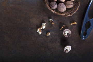Obraz na płótnie Canvas Walnuts close-up, walnuts on a dark background