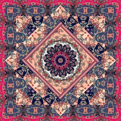 Beautiful patchwork carpet or festive tablecloth. Bright colorful illustration with floral ornament and mandala.