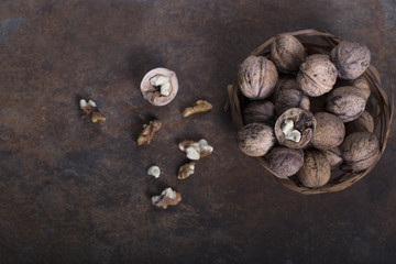 Walnuts close-up, walnuts on a dark background