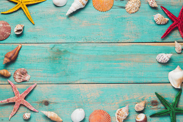Shells and starfishes on blue wooden background