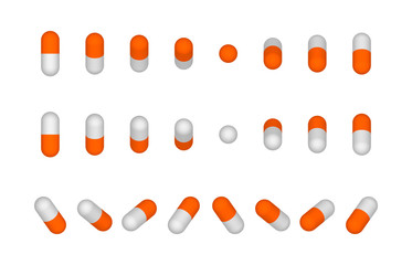 Orange tablets, Medicine capsules, vector illustration, different camera angles, isometric, isolated on white background.