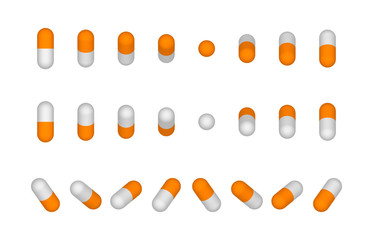 Capsules set of orange and white medical in different positions vector illustration