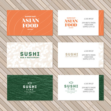 Sushi Business Card Collection. Set Of Asian Food Identity Cards.