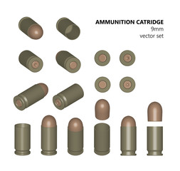 Single bullet. 9 mm bullet on a white background. AMMUNITION. Stock illlyustratsiya. Design element. The three-dimensional object from different angles.