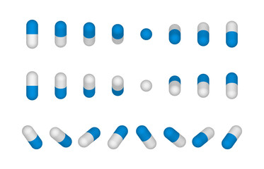 Set of blue and white medical capsules in different positions Vector illustration