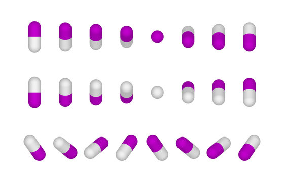 Three-dimensional capsules in different angles. Isolated. Vector illustration. The purple pill.