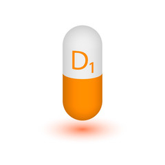 Vitamin D1 pill capsule icon . Vitamin complex with the chemical formula, Group D, cholecalciferol. Generalized pill on white background. Vector illustration.