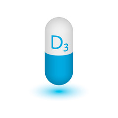 Icon of vitamin D3. Cholecalciferol vitamin drops tablets capsules. Beauty treatment food design skin care. Vector illustration. Two-tone capsule on a white background.