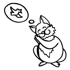 A character is a red cat who dreams of a bird. Illustration of a pet. Coloring - contour