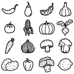 vegetable objects, icons set / cartoon vector and illustration, hand drawn style, black and white, isolated on white background.