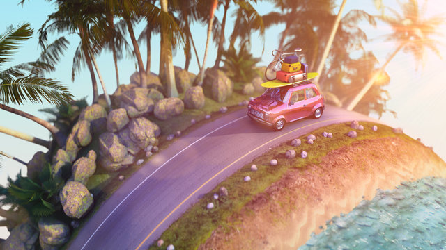Car driving during sunset - cartoon stilization, 3d rendering