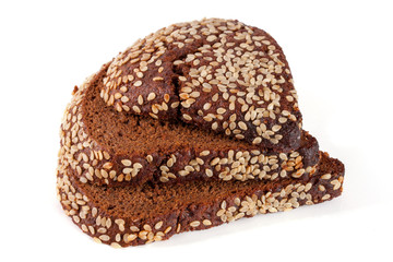 Three slices of black bread with sesame seeds isolated on white background