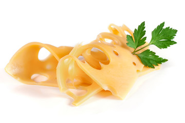 cheese slice with leaf parsley isolated on white background cutout