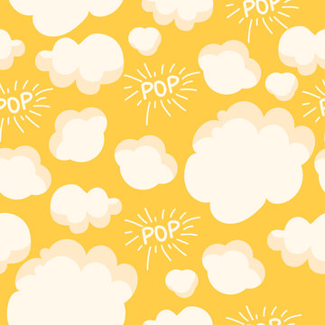 Popcorn pattern. Bright seamless background with pop on a yellow background.