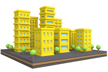 Cartoon cityscape in funny cute style. Isolate city area with modern skyscrapers and buildings. 3d render.