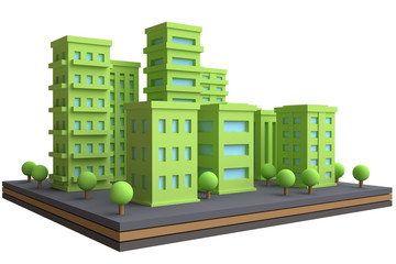 Cartoon cityscape in funny cute style. Isolate city area with modern skyscrapers and buildings. 3d render.